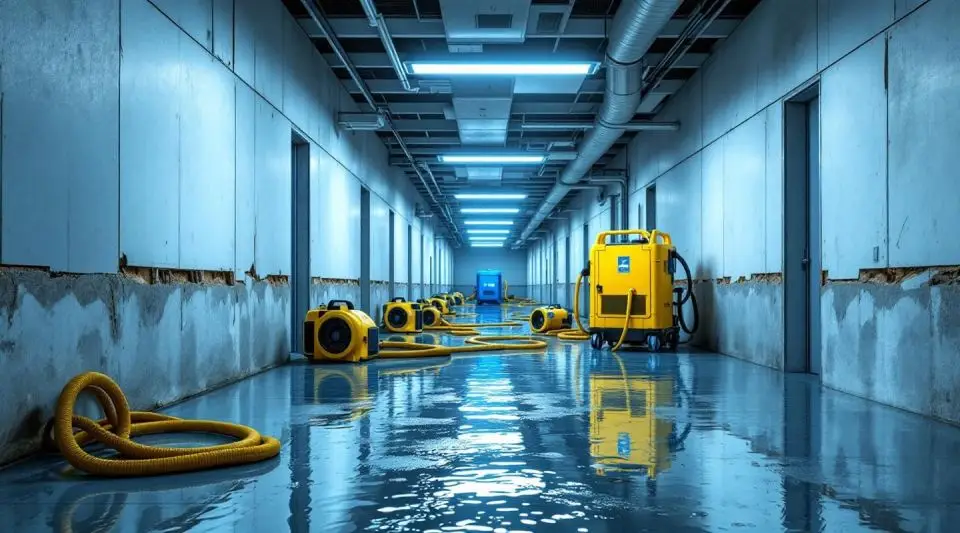 Meadowbrook Restoration technicians setting up commercial air movers and dehumidifiers in a flooded Loveland office building.