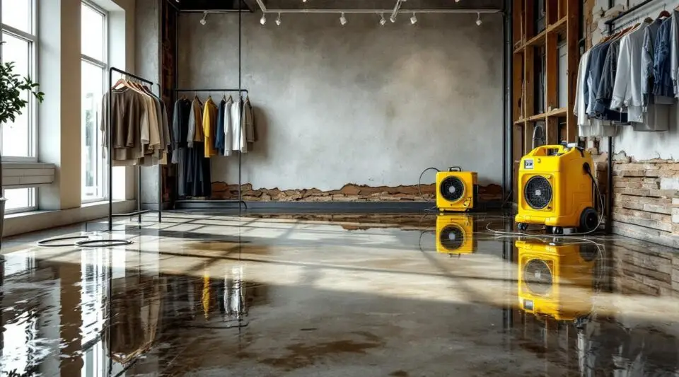 Commercial water extraction crew drying out a flooded retail showroom floor in Loveland using industrial air movers.