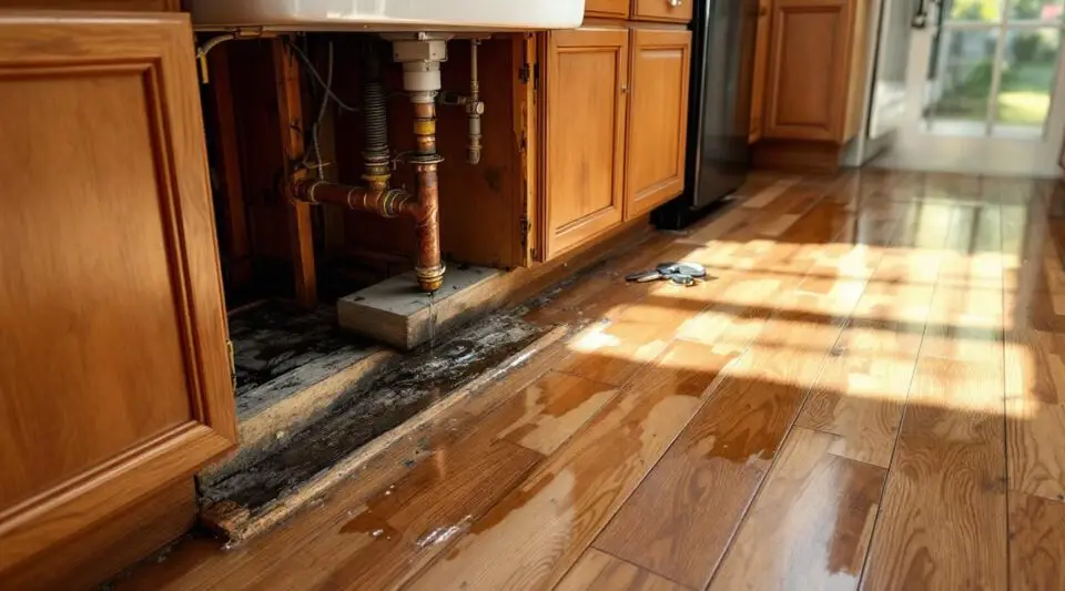 Meadowbrook Restoration technician using a moisture meter to inspect kitchen cabinet water damage in Loveland, Colorado.