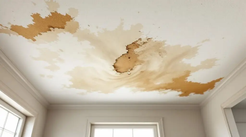 A restoration technician using a moisture meter to inspect a water-stained drywall ceiling in a Berthoud home.
