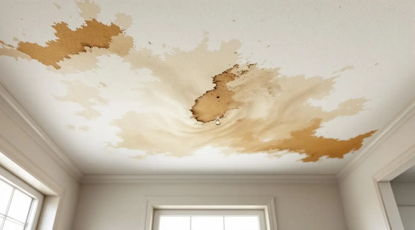 A restoration technician using a moisture meter to inspect a water-stained drywall ceiling in a Loveland home.