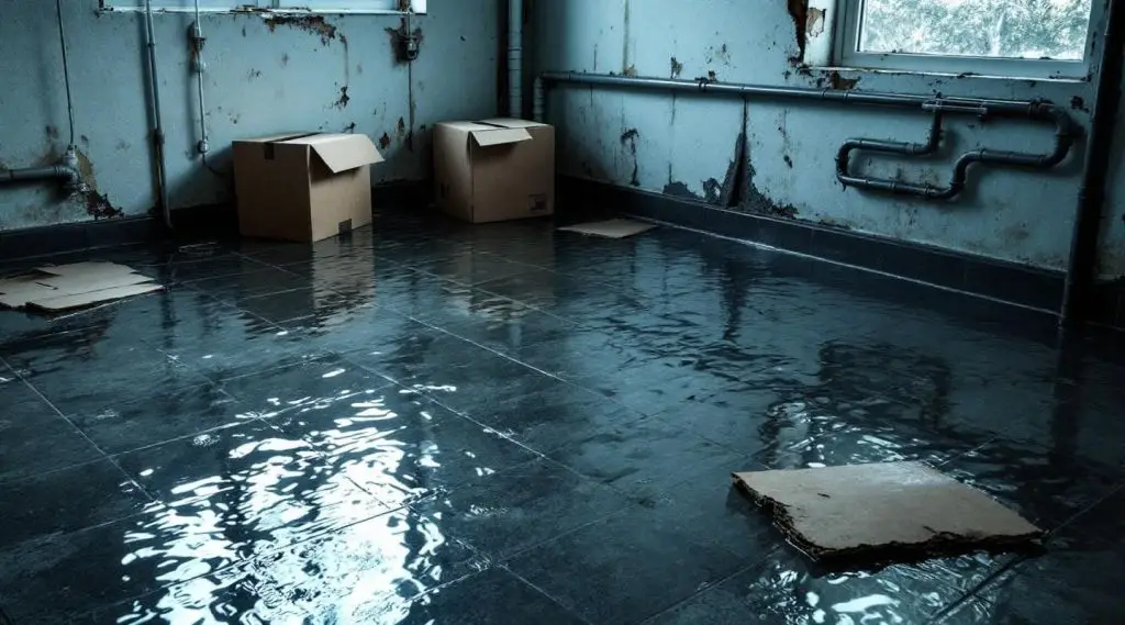A technician using a commercial water extraction vacuum on a flooded basement floor in Berthoud, Colorado.