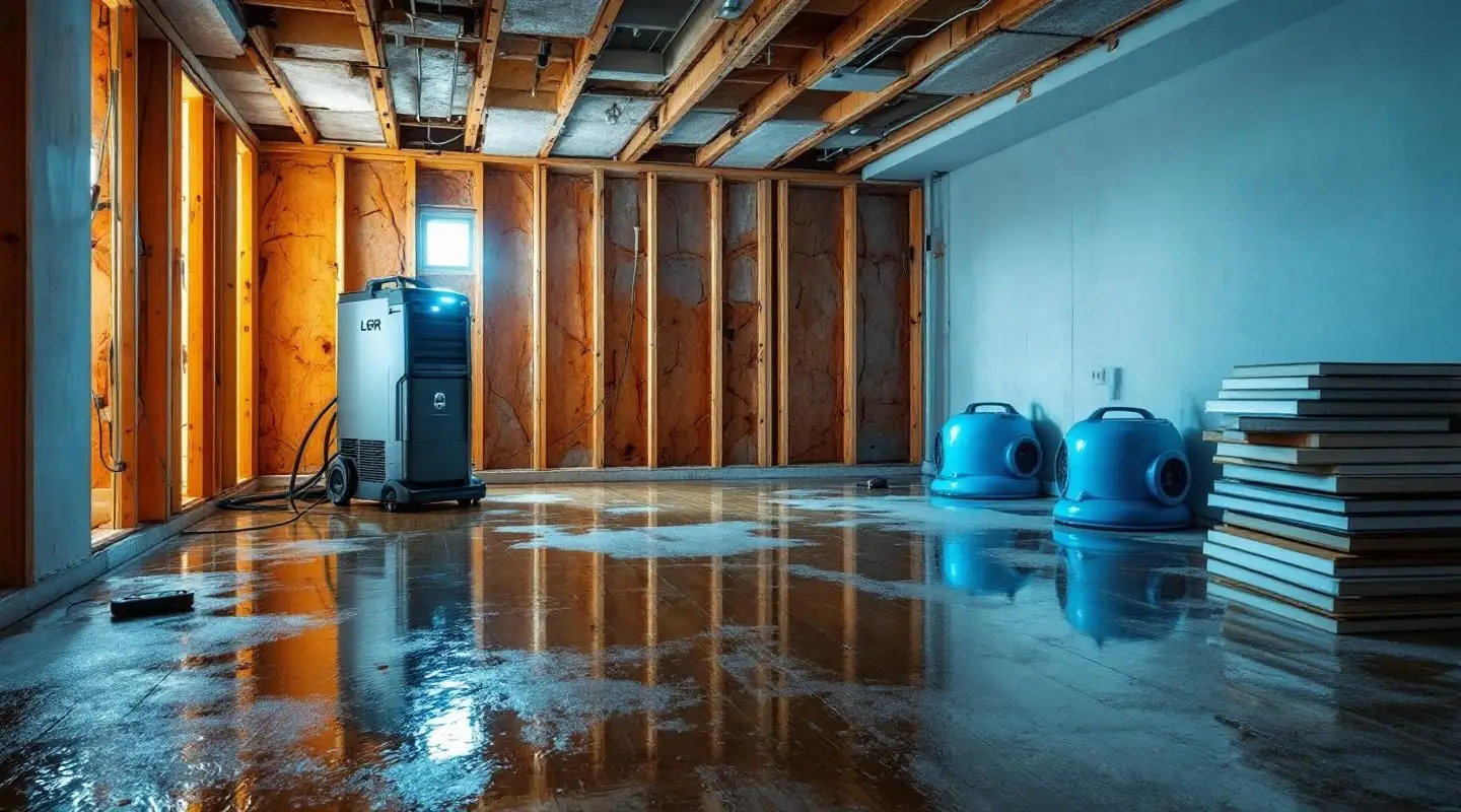 Meadowbrook Restoration technician using a water extraction vacuum on wet carpet in a flooded Loveland home basement