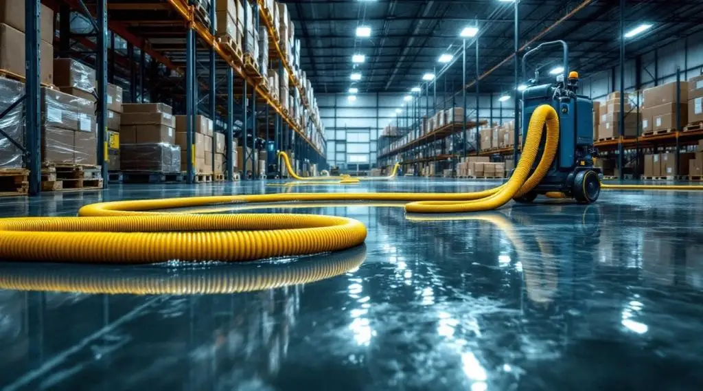 Meadowbrook Restoration technicians using heavy-duty water extraction equipment on a flooded concrete warehouse floor in Berthoud