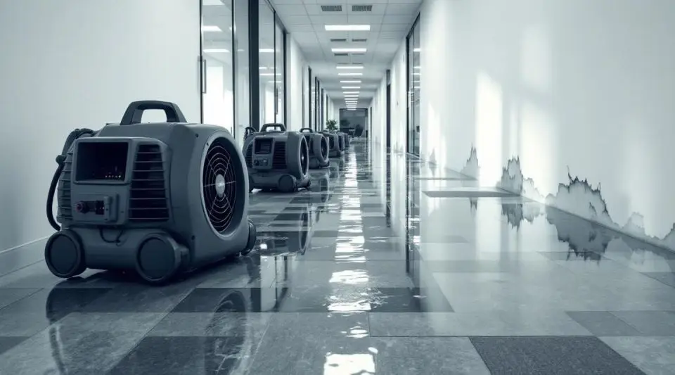 Industrial water extraction pumps and air movers drying a flooded commercial office hallway in Loveland.