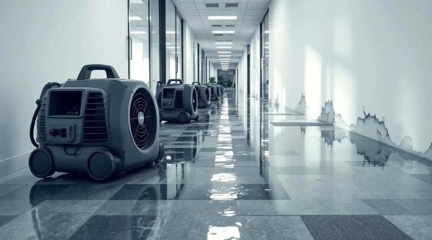 Industrial water extraction pumps and air movers drying a flooded commercial office hallway in Loveland.