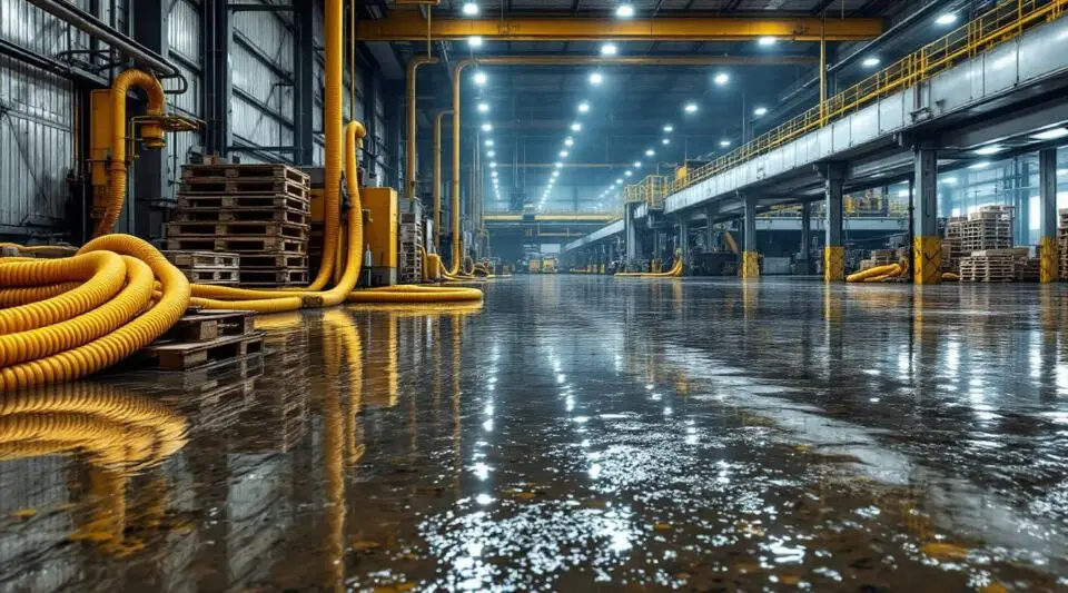 Commercial extraction crew pumping standing water out of a flooded Loveland warehouse floor under dim emergency lighting.