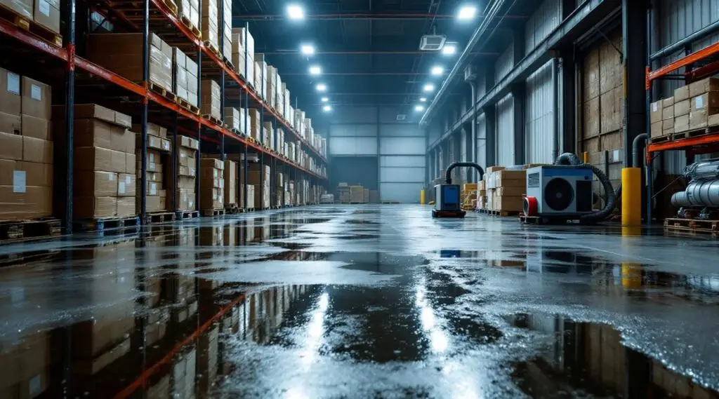 Commercial water extraction crew using industrial truck-mounted pumps inside a flooded Berthoud warehouse.