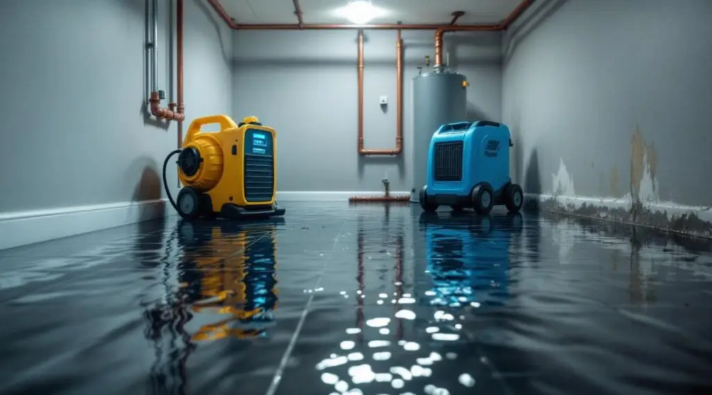 A professional Meadowbrook Restoration technician setting up commercial air movers in a flooded Berthoud home.