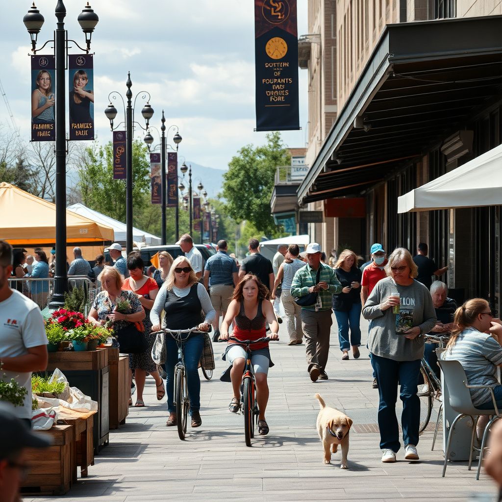 A scenic view of historic downtown Berthoud, Colorado, featuring brick buildings along Mountain Avenue under a clear blue sky.