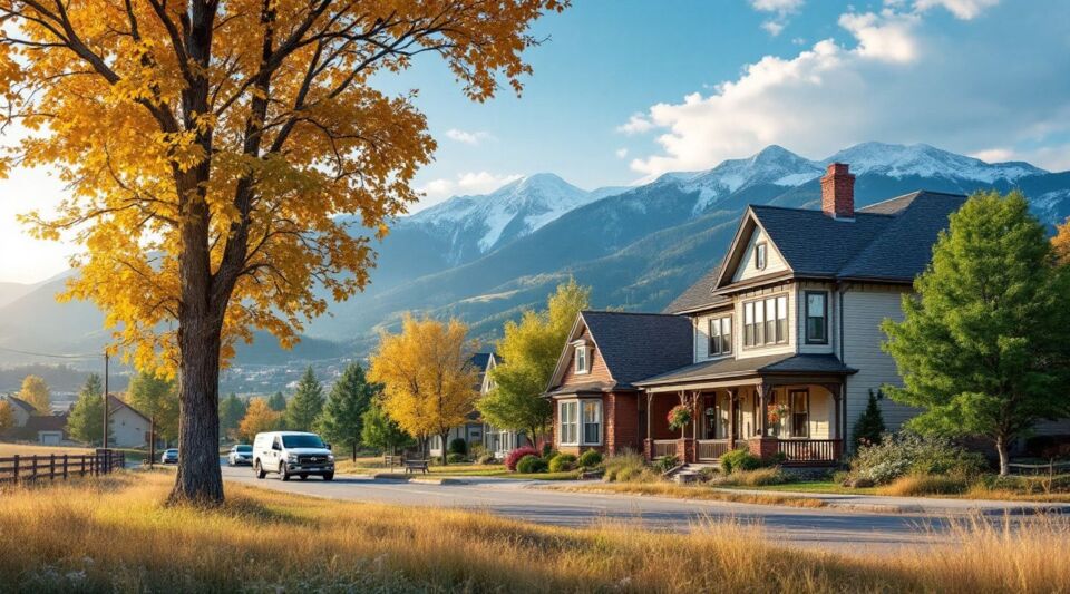 A service vehicle parked along a residential street in Timnath, Colorado, with the Rocky Mountain foothills visible in the distance.