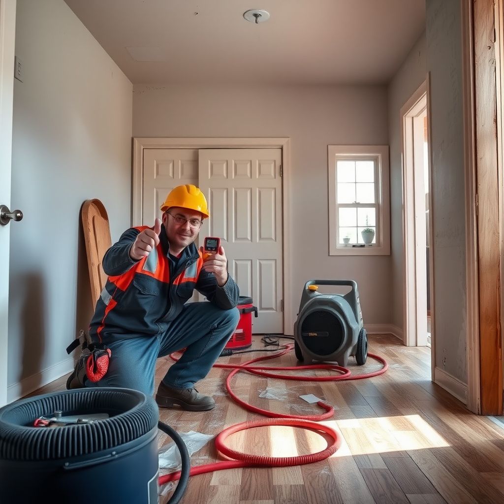 An IICRC-certified technician using a moisture meter to check the dryness of a wall cavity in a Windsor home.
