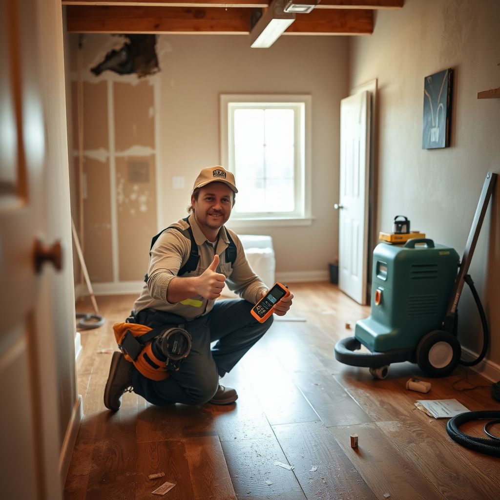A technician monitoring drying equipment inside a restored basement in Fort Collins.