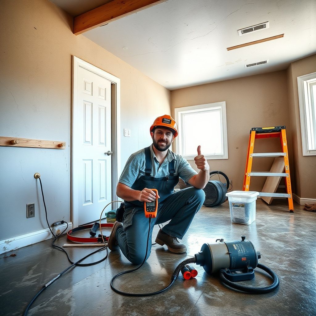 An IICRC-certified technician using a thermal imaging camera to detect moisture behind drywall in a Severance home.