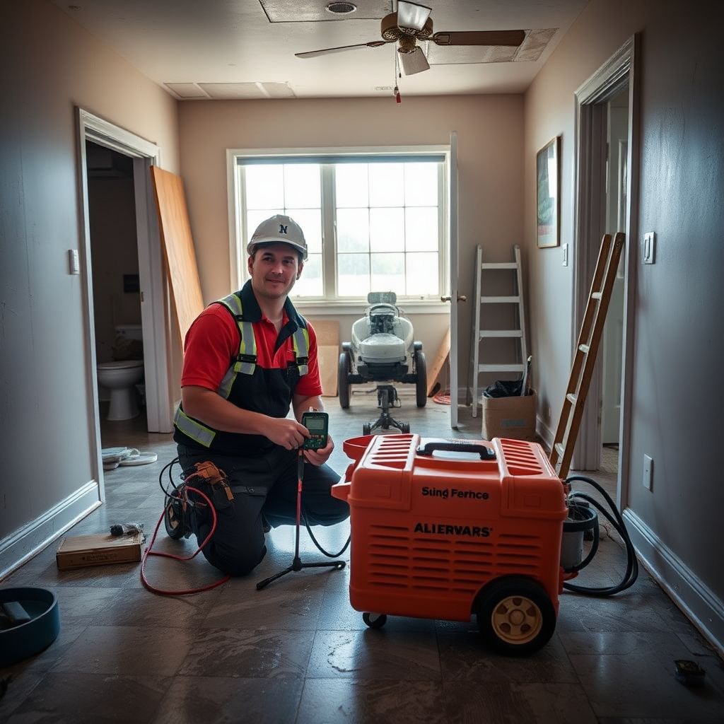 A certified technician using a professional moisture meter to check for drywall saturation in a Loveland home.