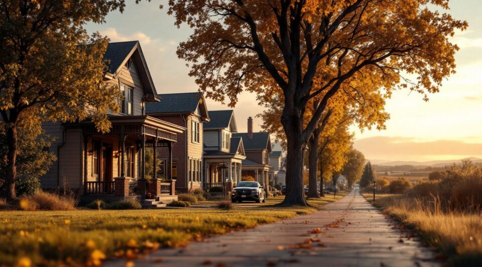 A service vehicle parked along a residential street in Fort Collins near Old Town historic homes during a clear morning.
