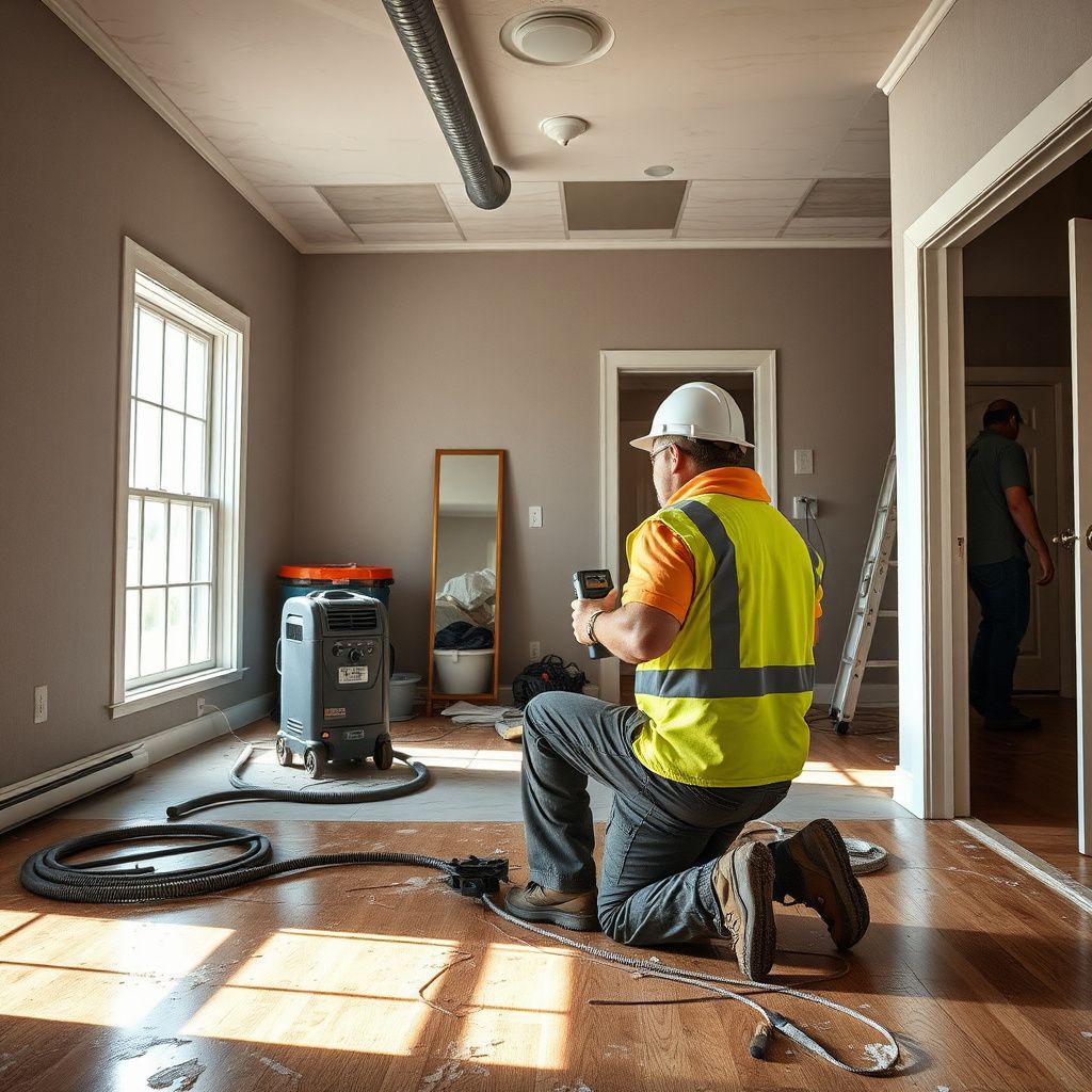 A technician using a moisture meter to check the dryness of a drywall wall in a Milliken home.