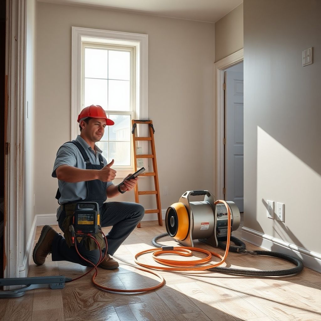 A technician setting up high-velocity air movers in a residential basement in Johnstown.